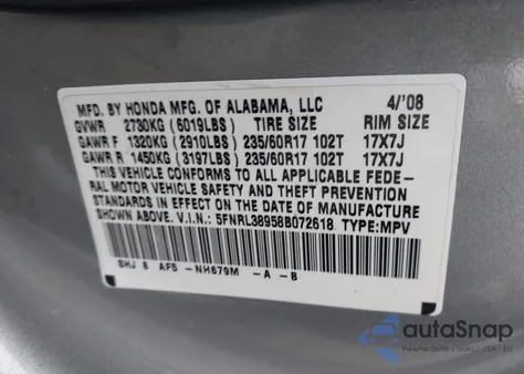 2008 Honda Odyssey Touring from USA, damaged, VIN 5FNRL38958B072618